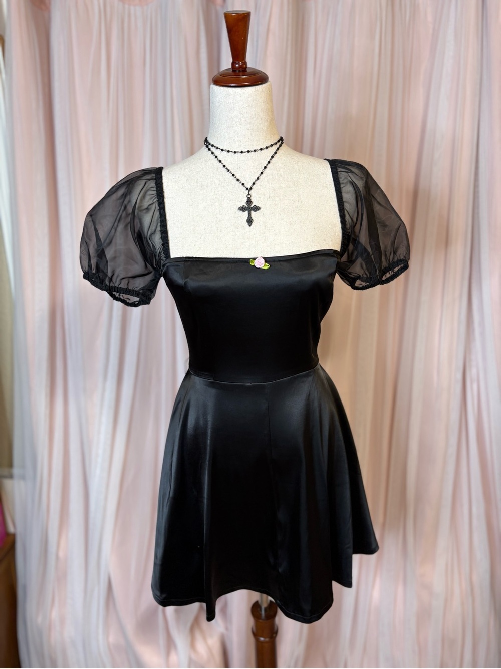 Sugar Thrillz Black Satin Puff Sleeve Mini Dress Coquette Goth NWT Size S